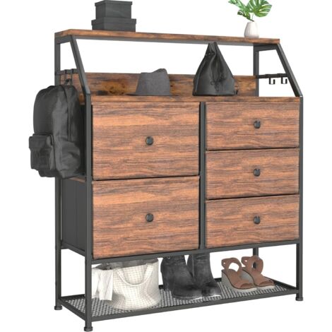 Dripex Commode en Tissu avec 5 tiroirs, Meuble de Rangement avec Dessus en Bois et étagère à Chaussures, Cadre en Métal, pour Salon, Chambre, Couloir, Marron Rustique et Noir Gris Vintage+Noir (1/5)