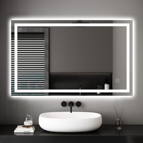 Dripex Miroir de salle de bain, Miroir mural LED avec éclairage, interrupteur tactile et fonction anti-buée, Blanc froid (6400 K), Miroir lumineux économe en énergie – 60 x 100 cm