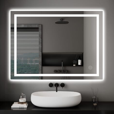 Dripex Miroir de salle de bain, Miroir mural LED avec éclairage, interrupteur tactile et fonction anti-buée, Blanc froid (6400 K), Miroir lumineux économe en énergie – 60 x 80 cm
