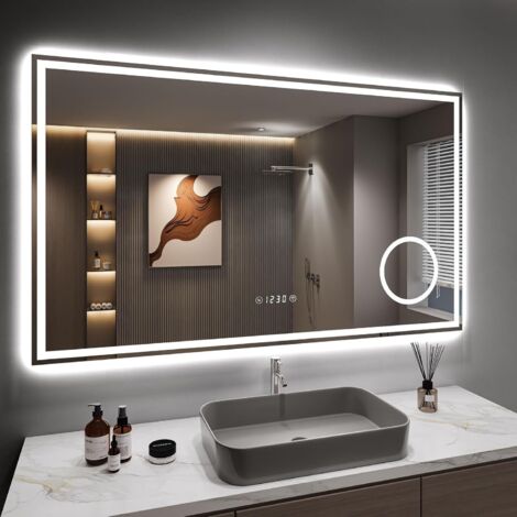 Dripex 100x60cm Miroir Salle de Bain avec 3X Loupe, 45W Miroir Anti-buée avec éclairage, Affichage de L'heure, Prise pour Rasoir, Dimmable et 3 Couleurs Réglable, IP44 Étanchéité