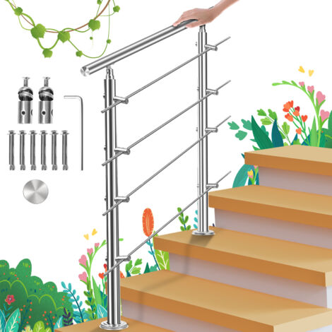 Randaco Rampe d'escalier en Acier Inoxydable, Garde-Corps pour Jardin Balcon, Main courante en acier inoxydable avec 2 poteaux - 100 cm avec 4 traverses