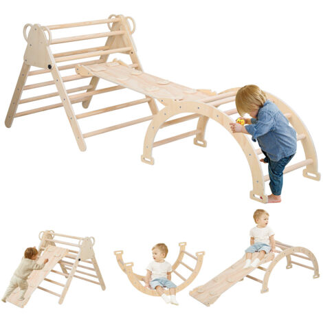 Grand Aire De Jeux Intérieure Pliable 10 En 1 – Escalade, Balançoire, Skateboard, Toboggan – Bois Massif Naturel, Pour Enfants 1 à 6 Ans