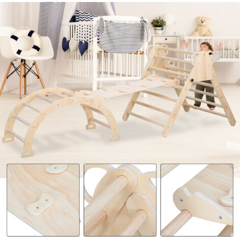 Randaco Ensemble d'Escalade,Charge 60 KG,3 en 1 Triangle d'escalade Enfants avec Rampe Réversible,Naturel,Aire de Jeux Interieure Triangle avec Rampe Arc