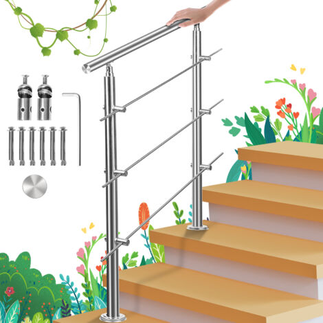 Rampe d'escalier en Acier Inoxydable, Garde-Corps pour Jardin Balcon, Main courante en acier inoxydable avec 2 poteaux - 180 cm avec 3 traverses