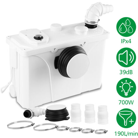 Swanew – Station de relevage eaux usées WC 700W – Broyeur sanitaire automatique – Hauteur de refoulement 9m – Capacité 190 L/min
