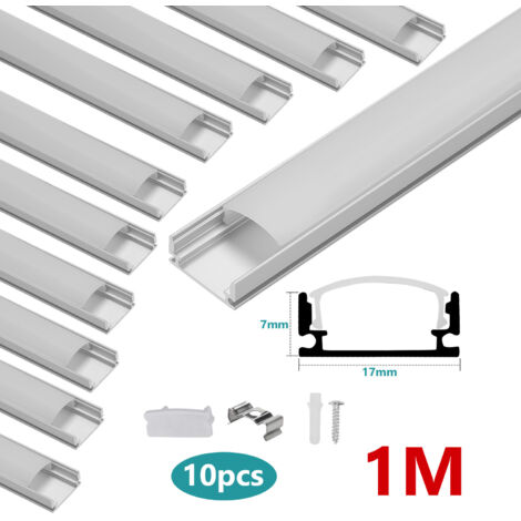 Swanew – Profilé aluminium LED 10x1m – Forme en U anodisé – Diffuseur laiteux PC blanc – Pour bandes LED jusqu'à 12,5 mm – Installation encastrée ou en surface