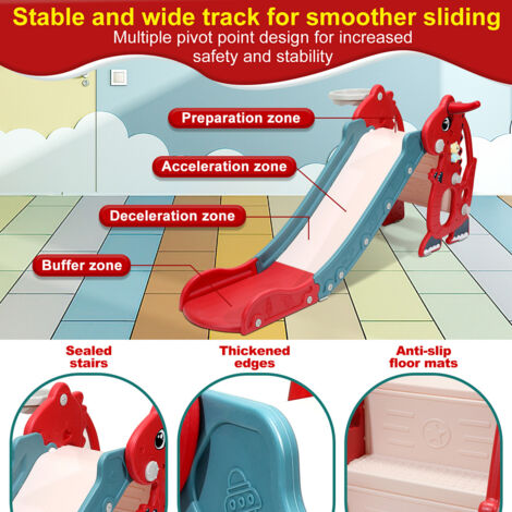 Siairo Toboggan 4 En 1 Pliable Pour Enfants - Toboggan Extérieur Avec Panier Basket, Lance-Anneaux, Escalier - Dino Fun