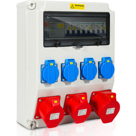 Swanew – Coffret de chantier 5 pôles avec disjoncteur 40A – 4 prises Schuko 230V et 2 prises CEE 16/32A – Résistant à l'humidité – 37,2 x 27,5 x 18,7 cm