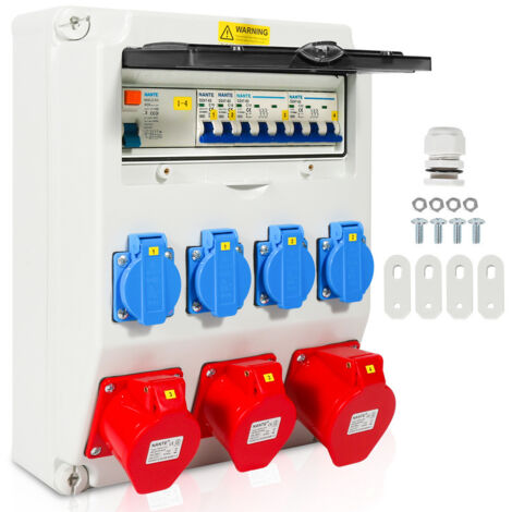EINFEBEN Coffret De Chantier Distributeur mural avec disjoncteur et FI, répartiteur électrique de site à 5 pôles avec 4 prises Schuko et prise CEE 16/32 A