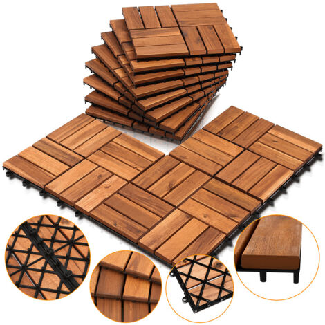 SWANEW Dalles de terrasse en bois d'acacia Mosaïque 30 x 30 cm 1m² 11er set Système d'emboîtement Mosaïque Découpable