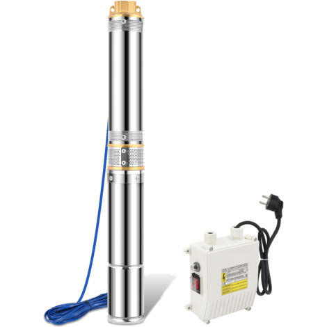Randaco Pompe submersible pour puits profonds, 750W, 4.000l/h Pompe de puits, Tête Maximale 67m, cordon de 20m, acier inoxydable, avec boitier de commande