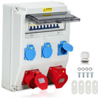 Randaco – Coffret provisoire distributeur de courant mural avec disjoncteur – 1 prise CEE-32A 400V – 1 prise CEE-16A 400V – 3 prises Schuko 230V – IP44 étanche