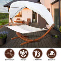 Randaco – Hamac sur pied avec pare-soleil – Cadre en bois de mélèze – Tissu polyester 180g/m² – Capacité de charge 200 kg – Pour 2 personnes