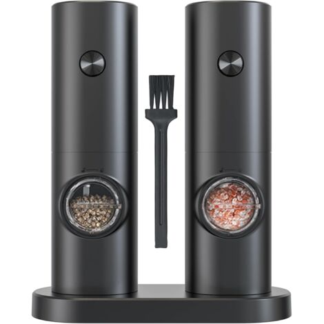 [JAMAIS UTILISÉ]Ensembles de Moulin à Sel et Poivre Electrique,Moulin a Poivre avec Base,Petite Brosse,Lumière LED,Alimenté par 4 Piles AAA (non incluses),Finesse de Broyage Réglable (Noir-Batterie)