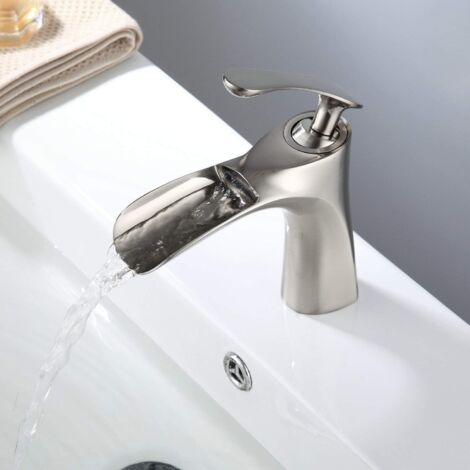 Robinet d'évier de salle de bain Bec cascade Robinet de lavabo en nickel brossé avec poignée unique (1/5)