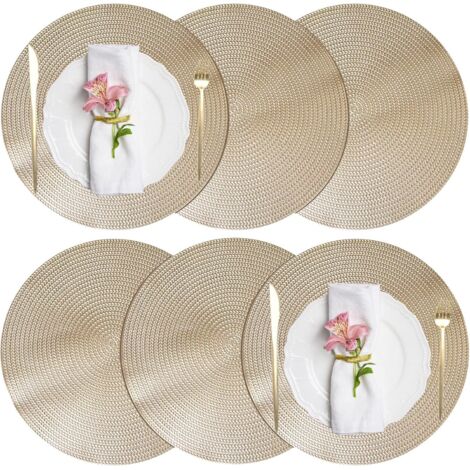 Lot de 6 Sets de Table, Sets de Table à Manger, Sets de Table en Rond lavables antidérapants en PVC résistants à la Chaleur, Sets de Table durables résistants aux Taches, 38 x 38 cm, Or (1/5)