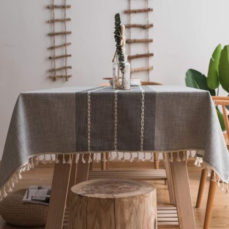 Nappe en Coton et Lin Robuste pour Tables Rectangulaires Nappe avec Broderie en Treillis Solide pour Décoration de Table à Manger de Cuisine. (140 x 220 cm, Gris-2) (1/5)