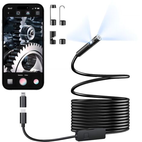 Caméra endoscopique double objectif avec éclairage, endoscope HD 1920p avec 8 + 1 LED réglables, étanche IP67, câble serpent semi-rigide de 5 m, pour iPhone, iPad et Android (type C) (1/5)