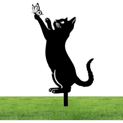 Statues De Jardin De Statue De Chat en Métal Mignon 26/30cm Fer Piquet De Cour pour Chat Noir Ornements De Jardin en Métal Statues d'animaux Creuses Ornements Extérieurs pour Pelouse-B