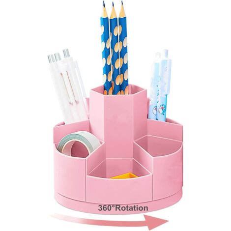 Porte-stylos à crayons de bureau 7 emplacements, organisateurs de stylos à crayons rotatifs à 360 ° pour le rangement de bureau, organisateur de fournitures de papeterie (rose) (1/5)