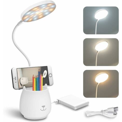 Lampe De Bureau Led, Avec Porte-Stylo Support De Phone , Sans Fil, À Contrôle Tactile Lumière Ajustable Flexible Usb Batterie Rechargeable, Convient Pour Chambre, Bureau, Enfant Garçon Fille