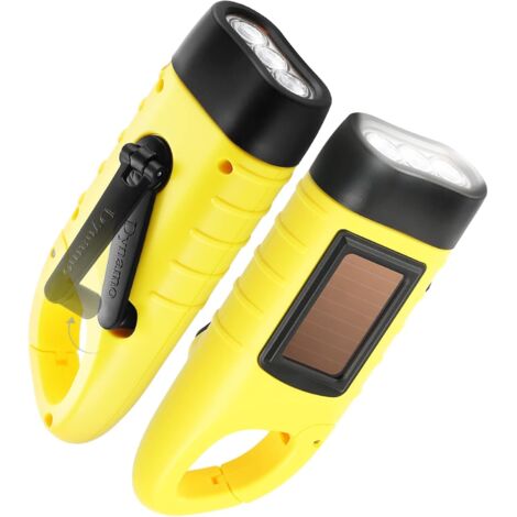 Lot de 2 lampes de poche à manivelle, lampe de poche d'urgence LED rechargeable à énergie solaire, torche dynamo de survie pour sports de plein air jaune (1/5)