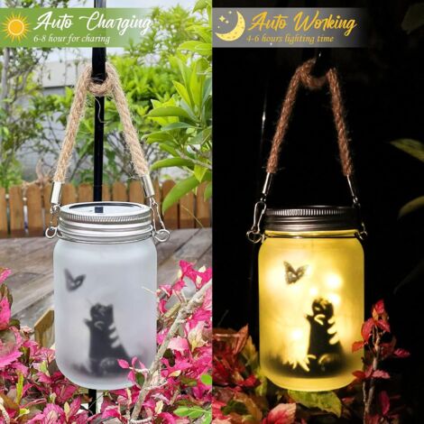 Fée papillon dans un bocal Mason, lot de 2 lanternes solaires suspendues pour l'extérieur, lumière de jardin étanche IP44 pour l'extérieur (chat papillon) (1/4)