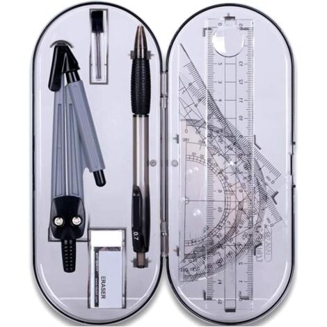 Boussole et kit de géométrie Set Kit de géométrie mathématique Fournitures pour étudiants avec boîte de rangement incassable, y compris rapporteur, boussole, mine de crayon, crayon, gomme... pour les (1/4)