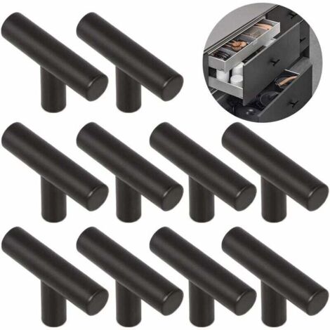 Boutons de portes 10 Pièces T Alliage Poignée Brossé Facile Poignées Porte D'armoire Meubles Monotrou Alliage Solide Durable, pour Tiroirs, Armoires, Placard, Armoires Chaussures, Tables Chevet—Noir S (1/5)