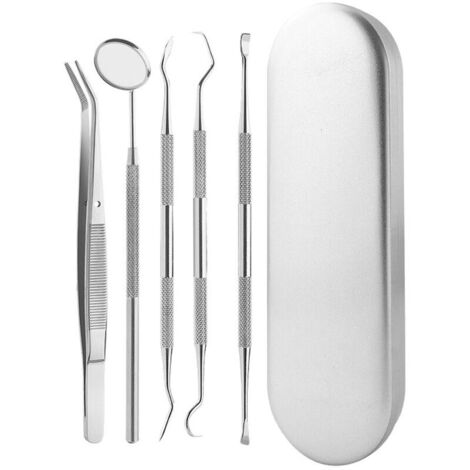 Kit Dentaire Hygiène Bouche 5pcs: Miroir, Pince à bouche, Grattoir faucille, Grattoir tartre et Burin Double Pointe -pour Utilisation Professionnel Argent