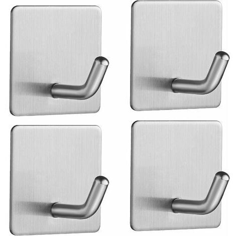 Crochet Adhesif 4 Pièces Crochet Mural En Acier Inox Sans Perçage Porte Serviette Avec Scotch Adhésif Crochets De Salle De Bains Salon Et Cuisine Pour La Serviette De Bain Patere Carré - Argent Mat (1/5)