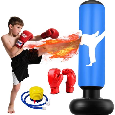 Sac de Frappe Enfant, 160cm Sac de Boxe avec Gants et Pompe, Gonflable Punching Ball Enfants pour Taekwondo Karaté, 3-12 Ans Cadeaux pour GarçOns et Filles Set de Boxe pour Bureau,Gym,bleu