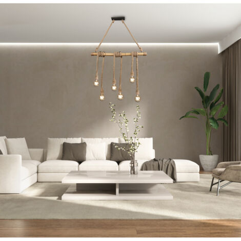 Lampada Sospensione Led Interno Barra Bambu con corde 6 luci Wilma GD Trio (1/5)