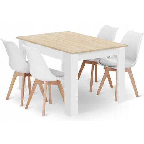 Ensemble table rectangulaire 120x80 en chêne Sonoma – 4 chaises blanches RIKX – Hauteur 75cm – Montage facile – Private Label