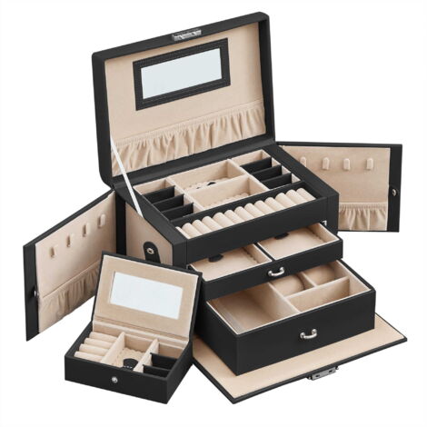 Coffret à bijoux Valora en velours noir avec miroir et tiroirs (1/5)