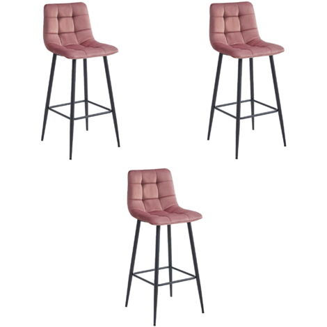 Valora 3 Tabourets Bar TEOTO Velours Rose Pieds Acier Noir (1/5)