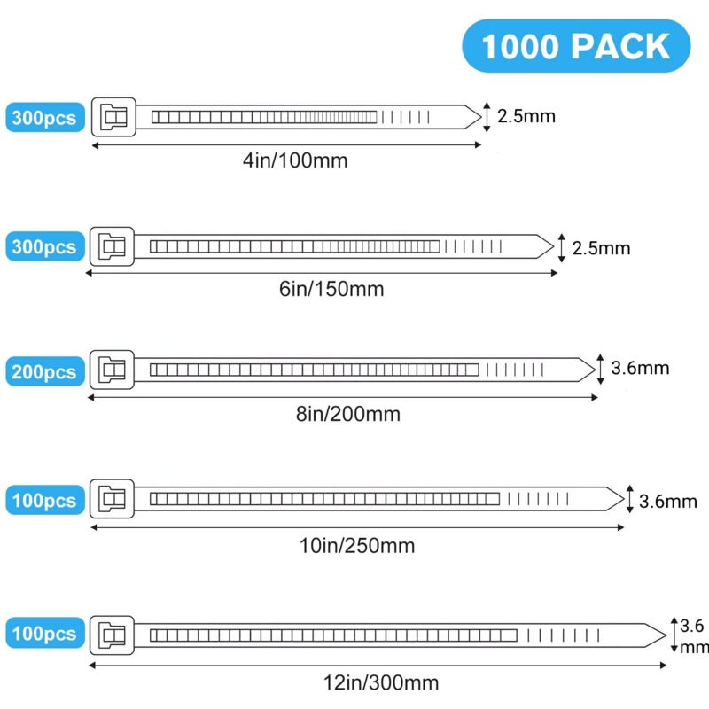 Lot De 110 Colliers De Serrage En Nylon Noir Autobloquants Et Résistants Aux UV Pour La Construction Automobile Et Le Regroupement De Câbles En Intérieur