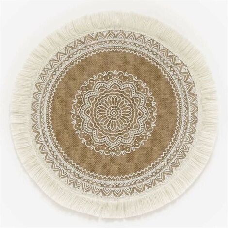 Lot de 4 sets de table ronds imprimés bohèmes – Sets de table en jute avec pompons de 38,1 cm pour décoration de table de salle à manger-LIAIKI (1/5)