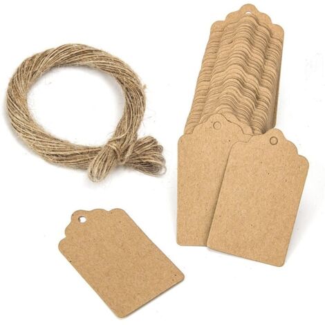 Lot de 100 étiquettes cadeaux festonnées en papier kraft, marron, 5 x 3 cm, avec ficelle-LIAIKI (1/5)
