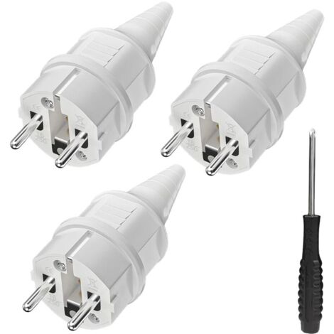 3 fiches de contact de protection avec protection anti-torsion, 250 V (16 A), résistantes aux projections d'eau et longue durée, IP44, blanches.-LIAIKI (1/5)