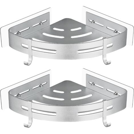 Etagère de Douche d'angle sans Perçage en Métal avec 2 Crochets pour Douche Support Antirouille Autocollant pour Articles de Salle de Bains 2 Pièces (Argent)