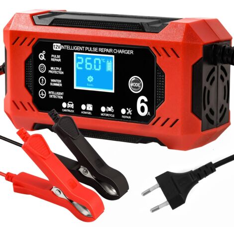Beijiyi – Chargeur de batterie 12V 6A intelligent – Écran LCD – Chargeur pour AGM, GEL, SLA – Reconditionnement par impulsions – Mode moto