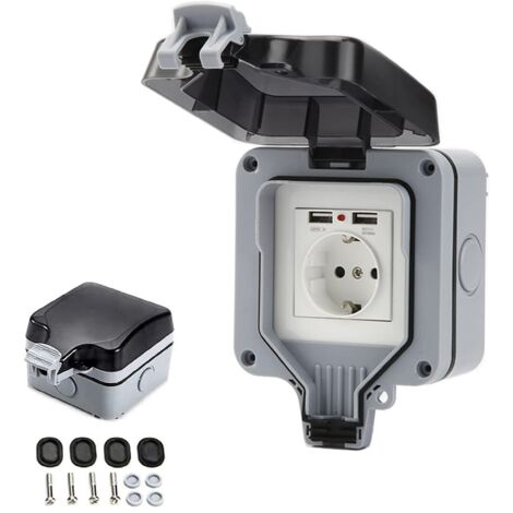 Prise Étanche IP66 avec Connexions USB Prise Électrique Extérieure avec Couvercle Boîtier de Prise Murale pour Jardin Garage Piscine
