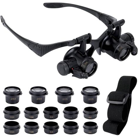 Beijiyi – Lunettes loupe éclairantes avec 2 lumières LED – 8 lentilles interchangeables 2.5X à 25X – Montage sur tête pour réparation et lecture