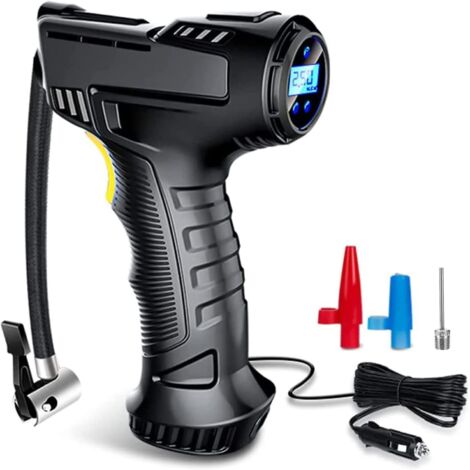 Beijiyi – Compresseur d'air portatif 12V – Pression max 120 PSI – Débit 27L/min – Lumière LED intégrée – 3 adaptateurs pour pneus, ballons et vélos