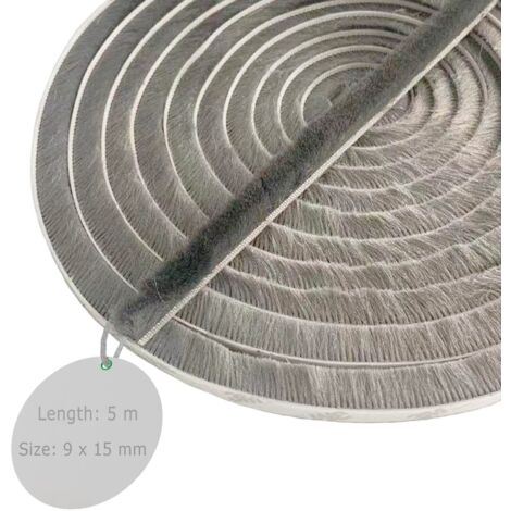 Joint Brosse Porte, 5 M(L) x 9 mm(B) x 15 mm(D), Gris, Joint Fenetrepour Lsolation Phonique Porte, Joint Brosse Adhesif, Joint Brosse Porte Coulissante, Joint Brosse Moustiquaire