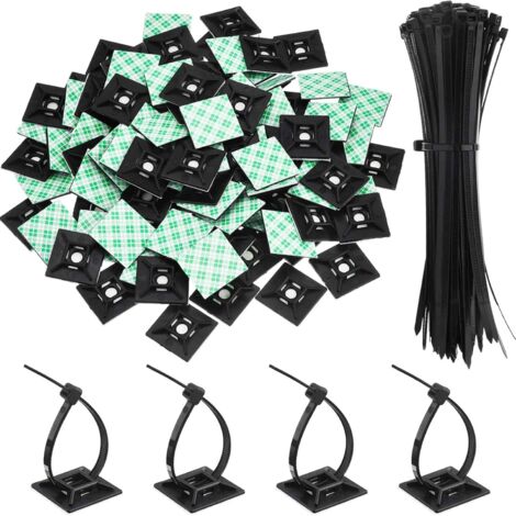 Paquet de 100 Zip Tie Adhésifs Supports Auto-Adhésifs Supports de Base de Serre-Câbles avec Attache-Câble Universel à Usages Multiples Noir (Longueur 150 mm, Largeur 2 cm, Noir)