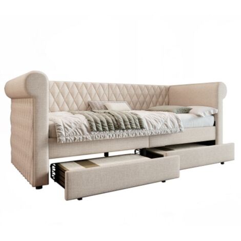 Lit Enfant 90x200 Avec Rangement Hydraulique – Velours Beige, Motif Chat – Sommier à Lattes Inclus