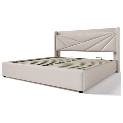 Lit Coffre 140x200 Cm Avec Tête De Lit USB - Rangement Hydraulique, Sommier Lattes - Beige Lin - Moderne Et Pratique