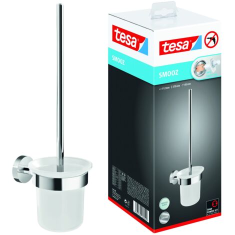 tesa SMOOZ WC-Garnitur, satiniertes Glas und verchromter Edelstahl - Toilettenbürsten-Set zur Wandbefestigung ohne Bohren, inkl. Klebelösung - 137 mm x 97 mm x 410 mm